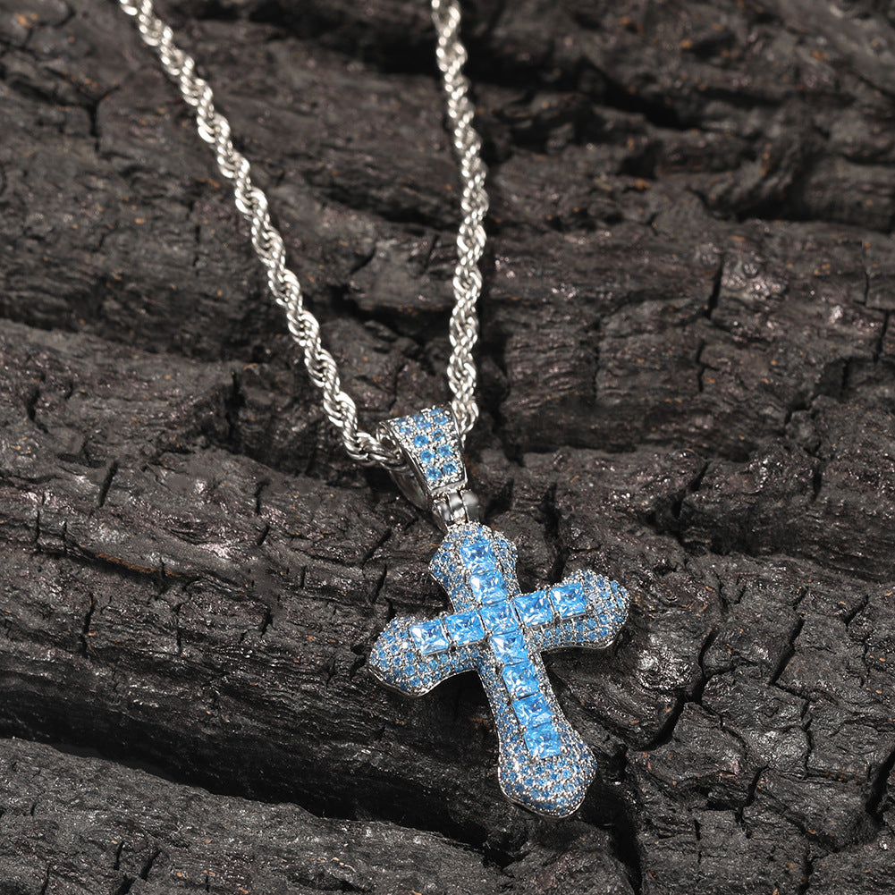 Women's Iced Blue/Red Princess Cut Cross Pendant in White Gold🌟BUY 1 GET 1 FREE - Buulgo