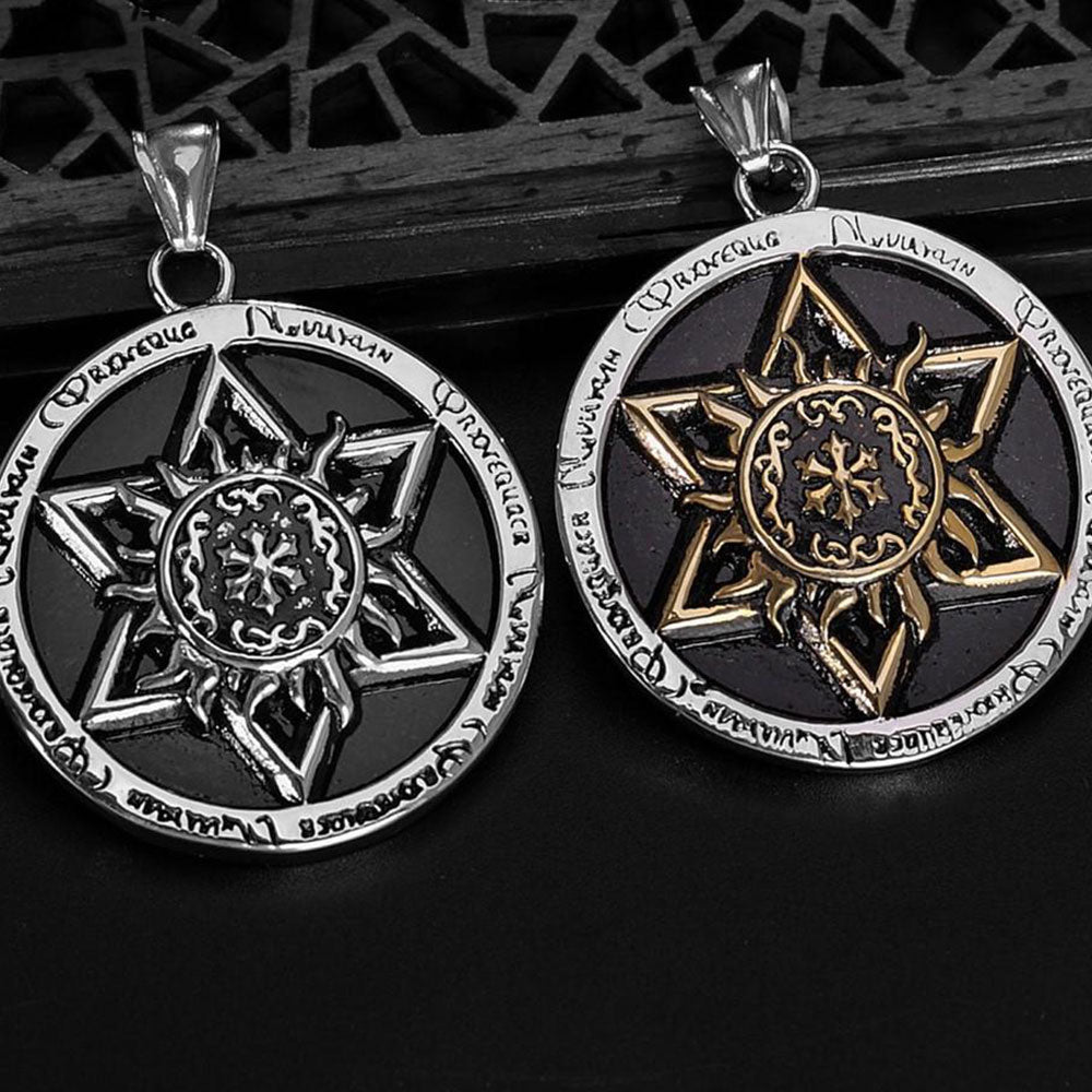 Distressed Hexagonal Tibetan Lotus Stainless Steel Pendant - Buulgo